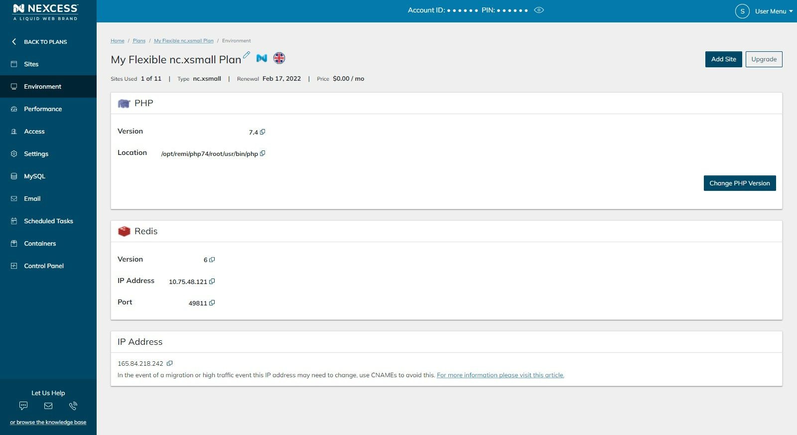PHP version can be seen (and changed) in the “Environment” section of the plan dashboard, as well as Redis IP address and port.