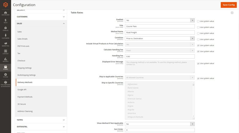 Configure default settings for Magento table rates shipping.