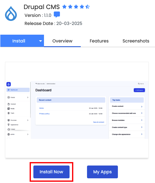 Install now button highlighted for Drupal installation