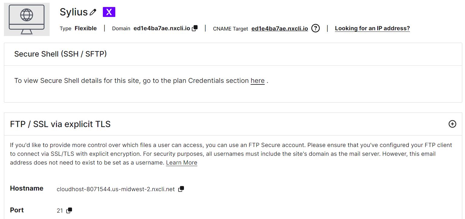  The dashboard is your hub for controlling and managing your new Sylius site. It shows key settings, including site type, domain, DNS setup target, SSH/FTP access details, server hostname, FTP port and username, and IP address.