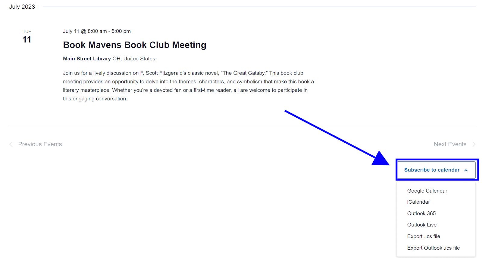 Subscribe to calendars or export events.