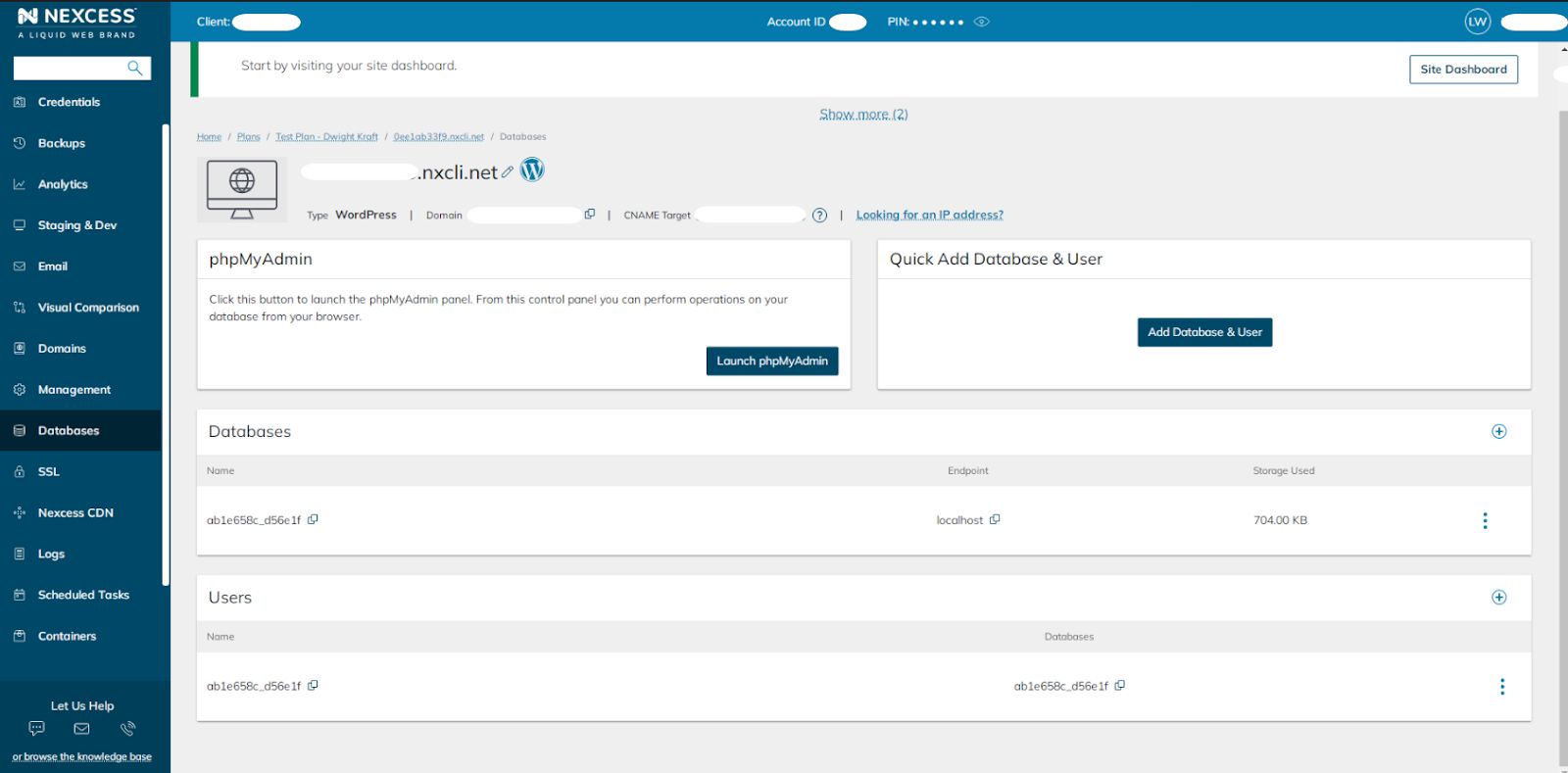 You can manage MySQL databases in Nexcess Cloud by adding new and removing the existing ones, creating and deleting MySQL users and changing their passwords. You can also use SiteWorx to manage your MySQL databases and launch phpMyAdmin.