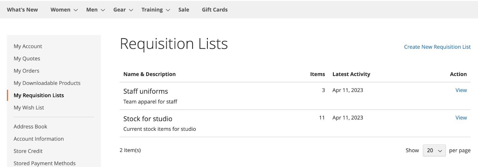 Magento B2B requisition lists are visible in the buyer’s account.