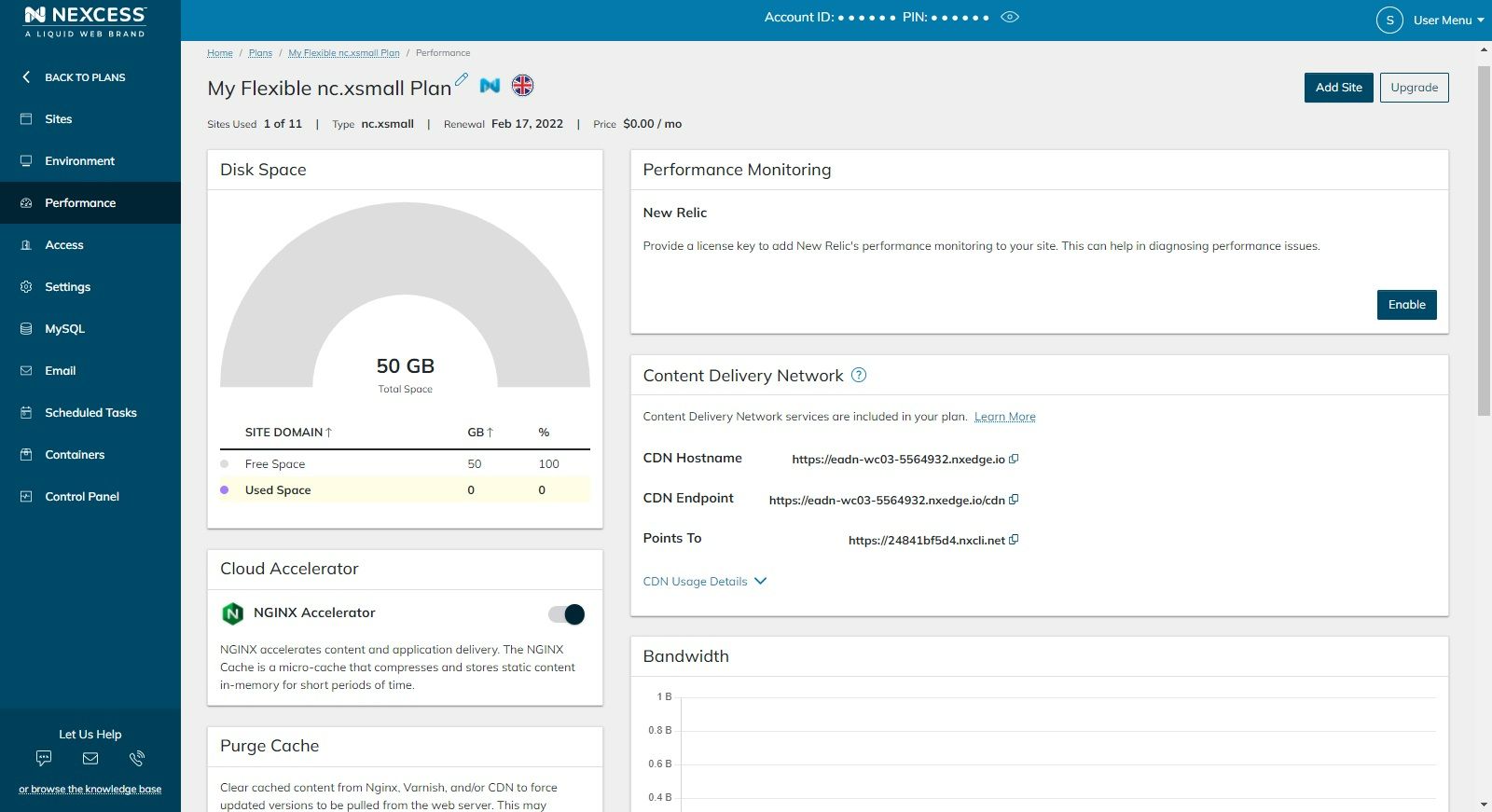 Disk space usage can be seen in the Performance section of the plan dashboard, as well as in the Settings section.