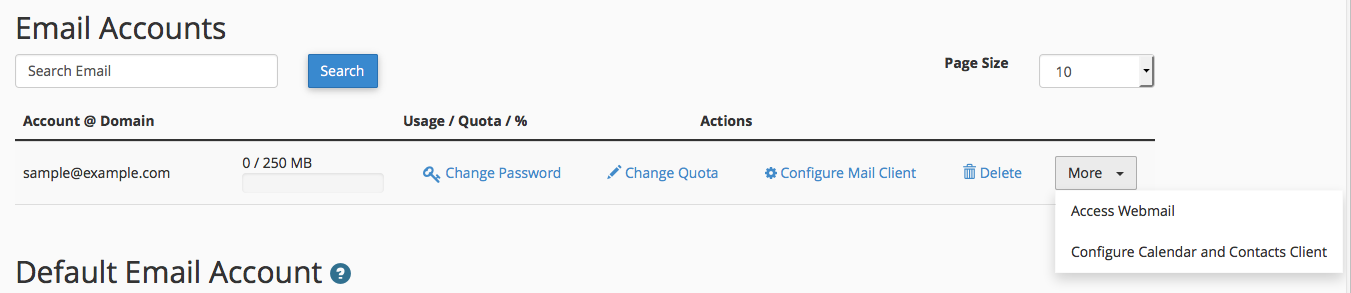 Specific email settings per account are listed in cPanel