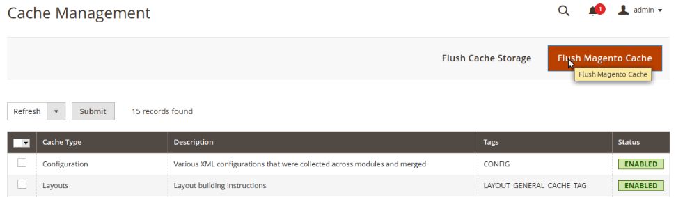 Click the Flush Magento Cache option.
