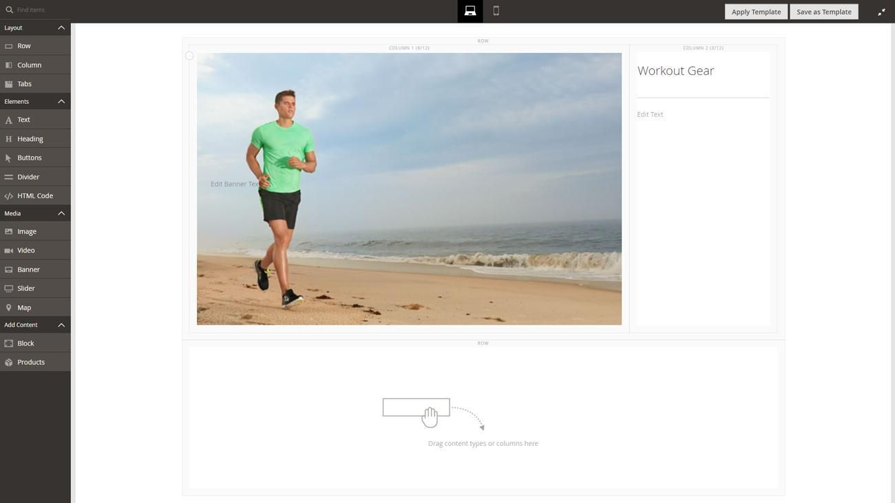 Magento 2 Page Builder tool content editing interface.