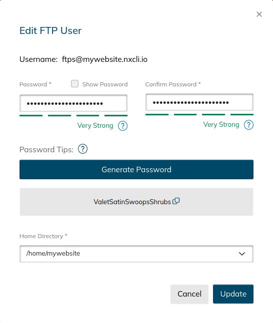 Choose what folder your FTPS user can have access to by selecting it from the dropdown menu under Home Directory. By default, each new FTPS user will have full access to your website, including its Linux user’s home directory, which is shown as /home/mywebsite in this screenshot.