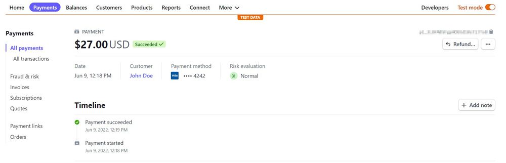 Verify the payment receipt in the Stripe dashboard.