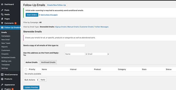 The Follow-Up Emails screen.