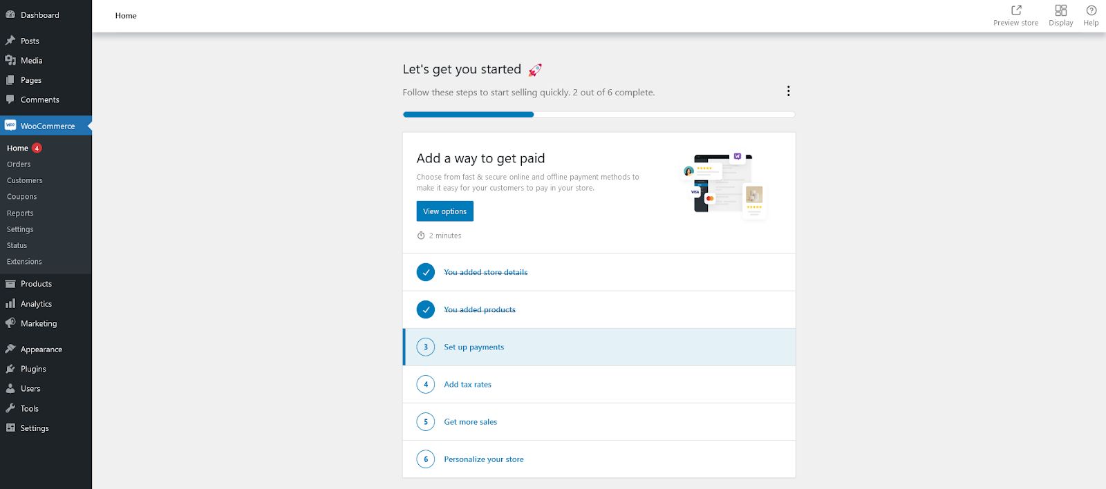 A WordPress dashboard reveals WooCommerce Setup is incomplete.