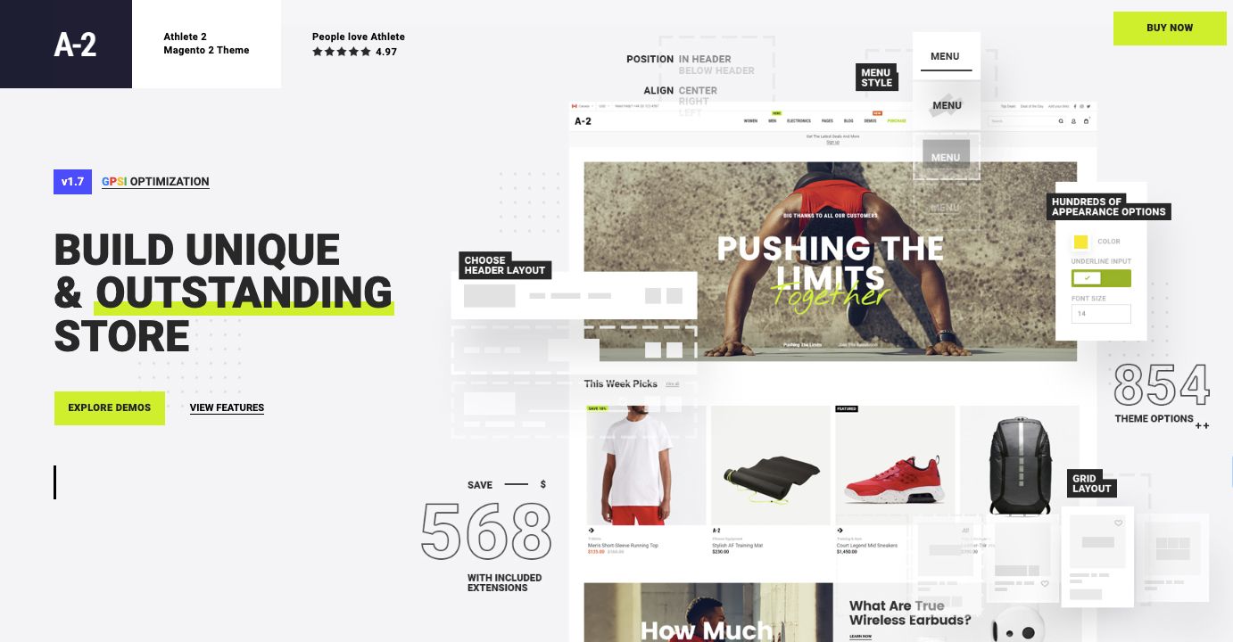 Athlete2 is the best Magento mobile theme for accessing multiple customization options for your shop layout.
