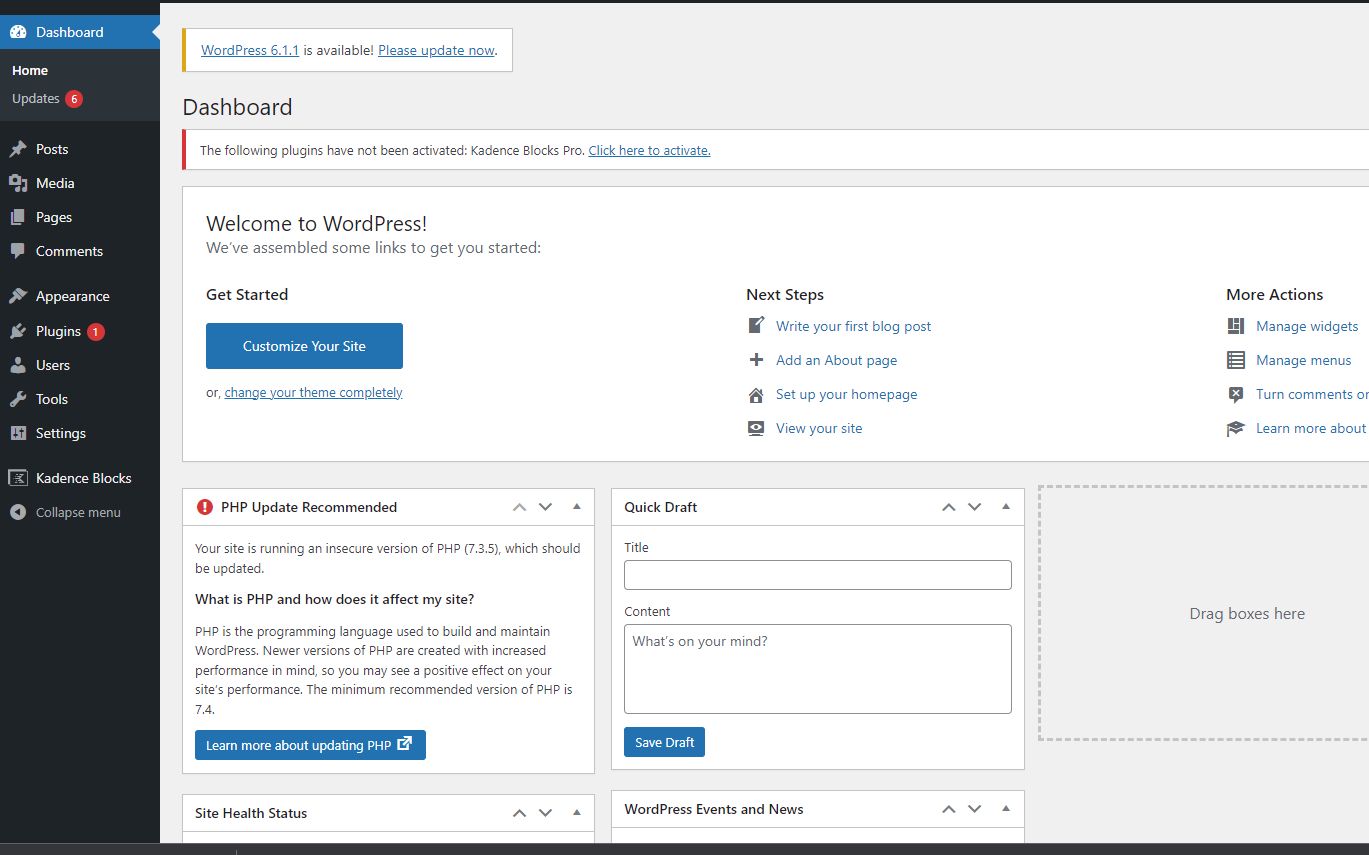 A WordPress dashboard with pending updates.