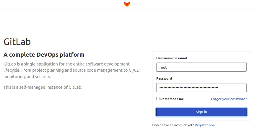 You should see the GitLab login page. Enter your root login and password, then click the Sign In button. Here is a screen capture of how the GitLab login screen looks.