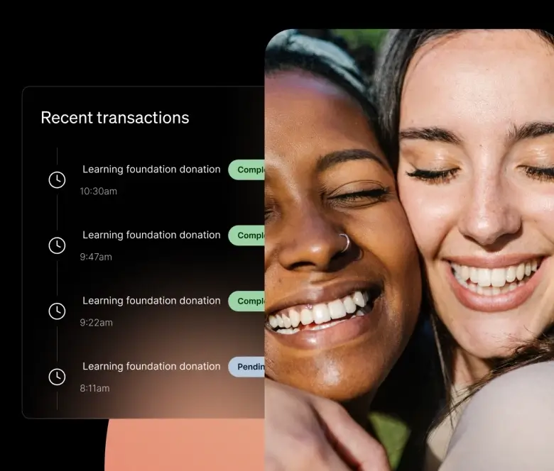 Two women hug and smile next to a list of recent transactions, which show a list of donations to the learning foundation.