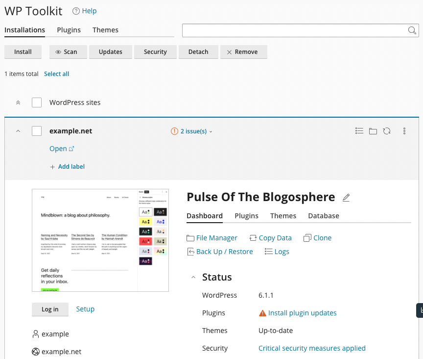 wordpress toolkit main page