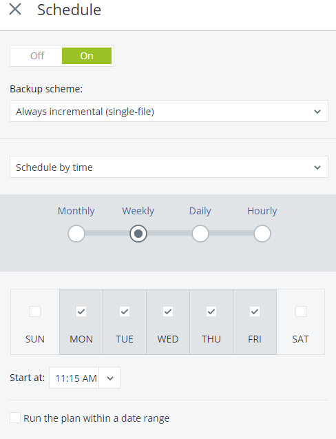select backup schedule screen