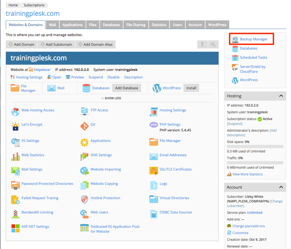 backup manager highlighted