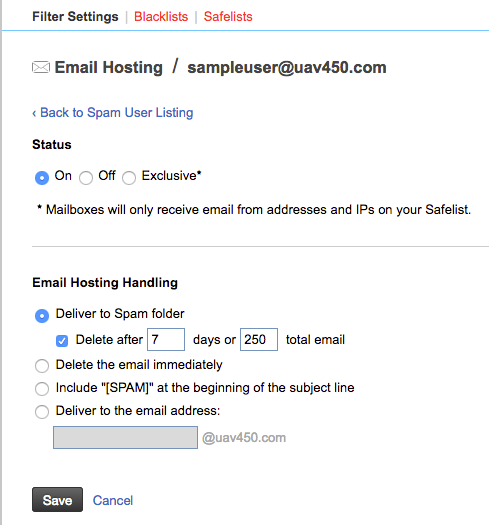 user spam settings page