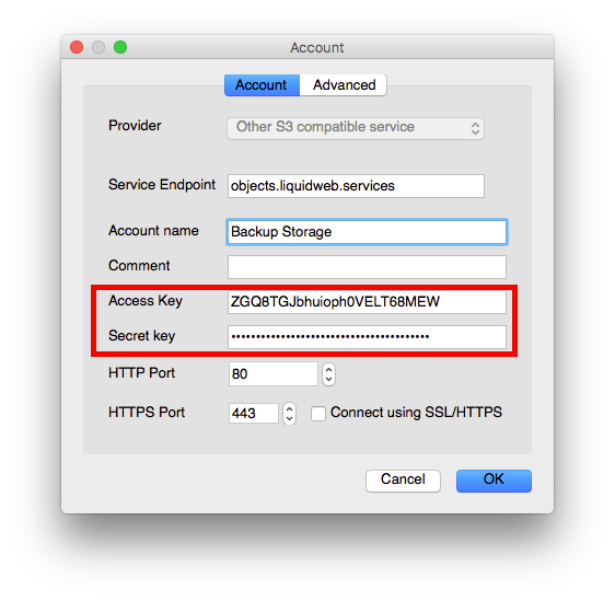 access and secret keys entered and highlighted