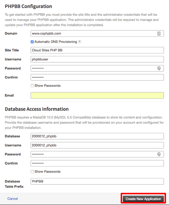 create new application button highlighted