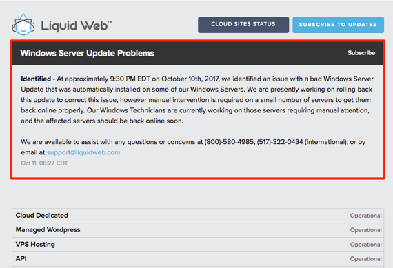 status page showing current issue at top