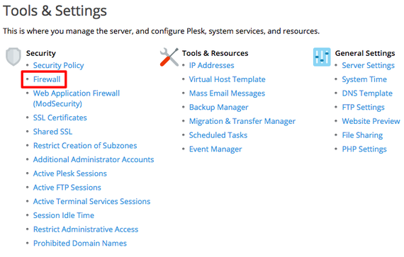 plesk firewall link highlighted