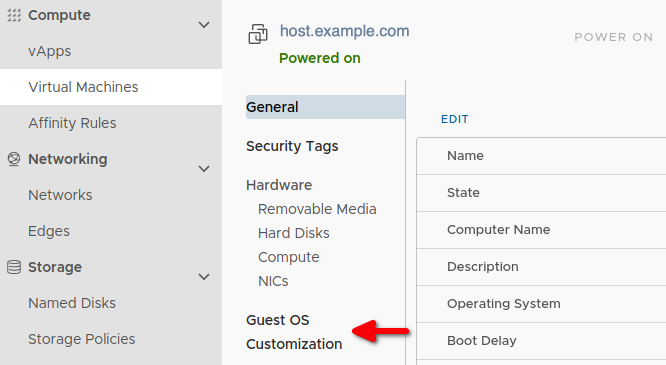 guest os customization link highlighted