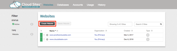 create website button highlighted
