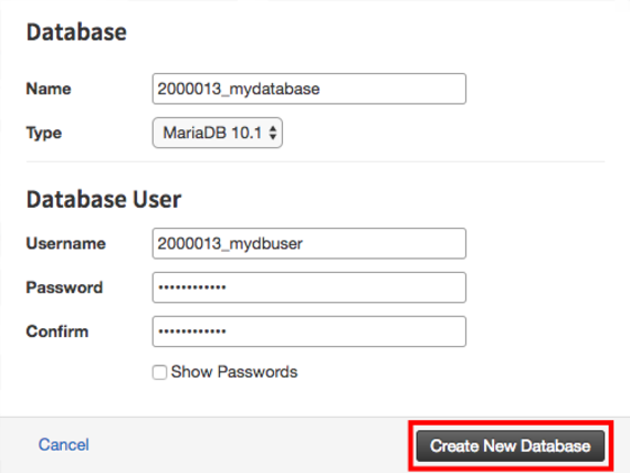 create new database button highlighted