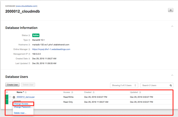 database user section highlighted and change access highlighted