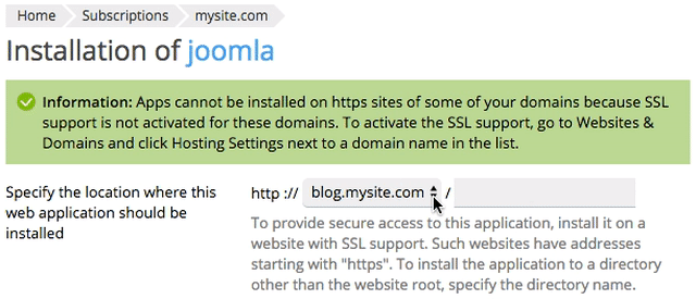 choosing where to install Joomla