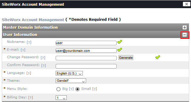 siteworx account management screen