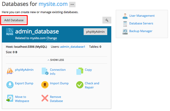 add database button highlighted