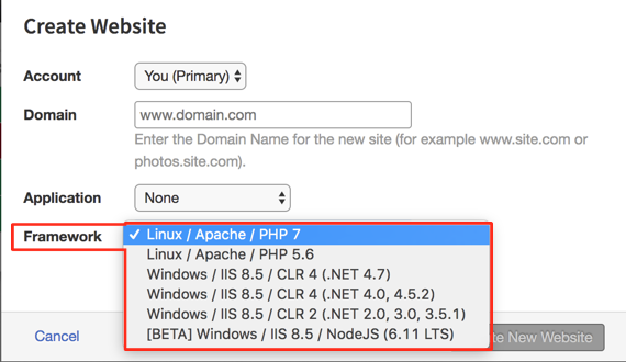 framework drop down highlighted
