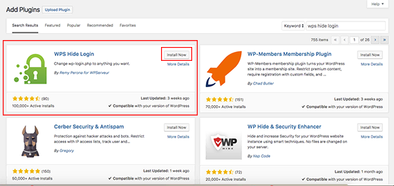 install now button and plugin highlighted