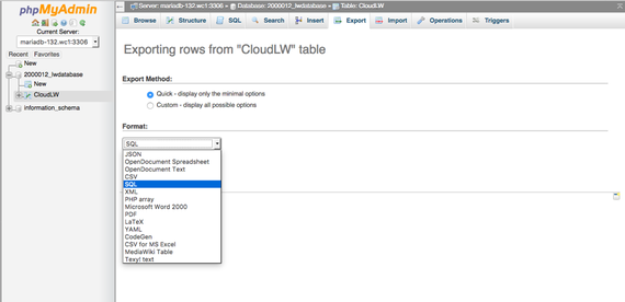 select export format from drop down