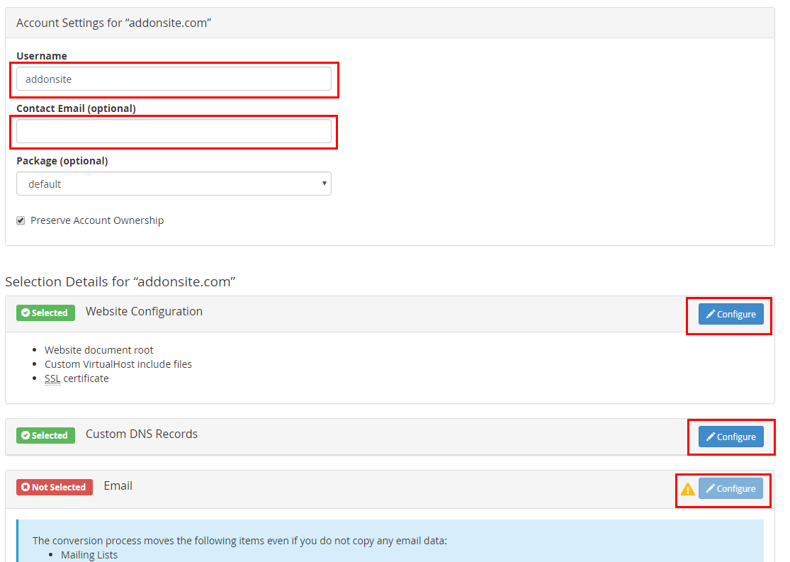 account settings for addon site