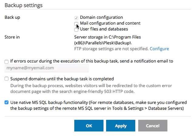 your server backup settings