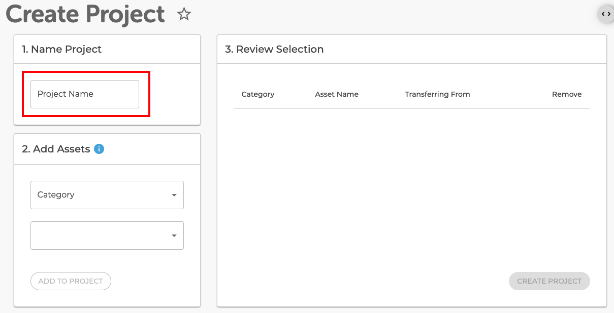 name project screen highlighted