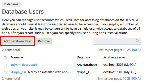 add database user button highlighted