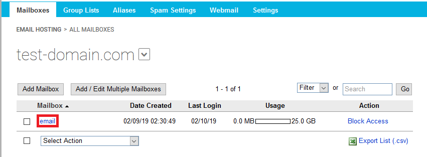email name highlighted