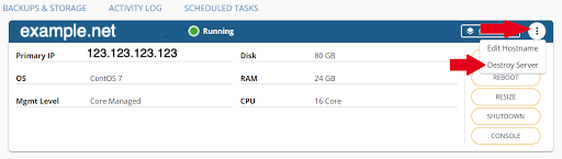 destroy server button highlighted