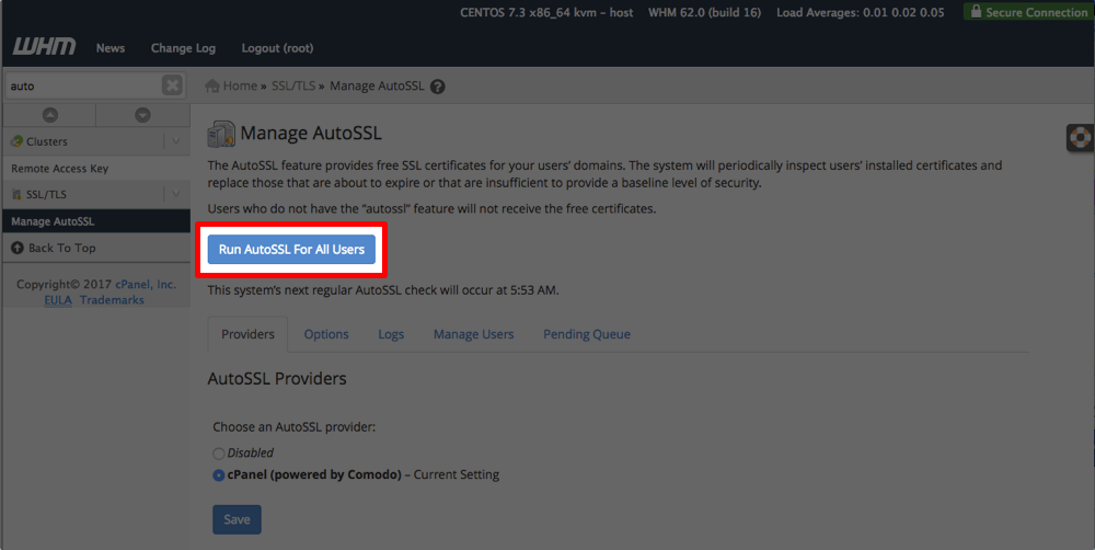 run autossl for all accounts button highlighted