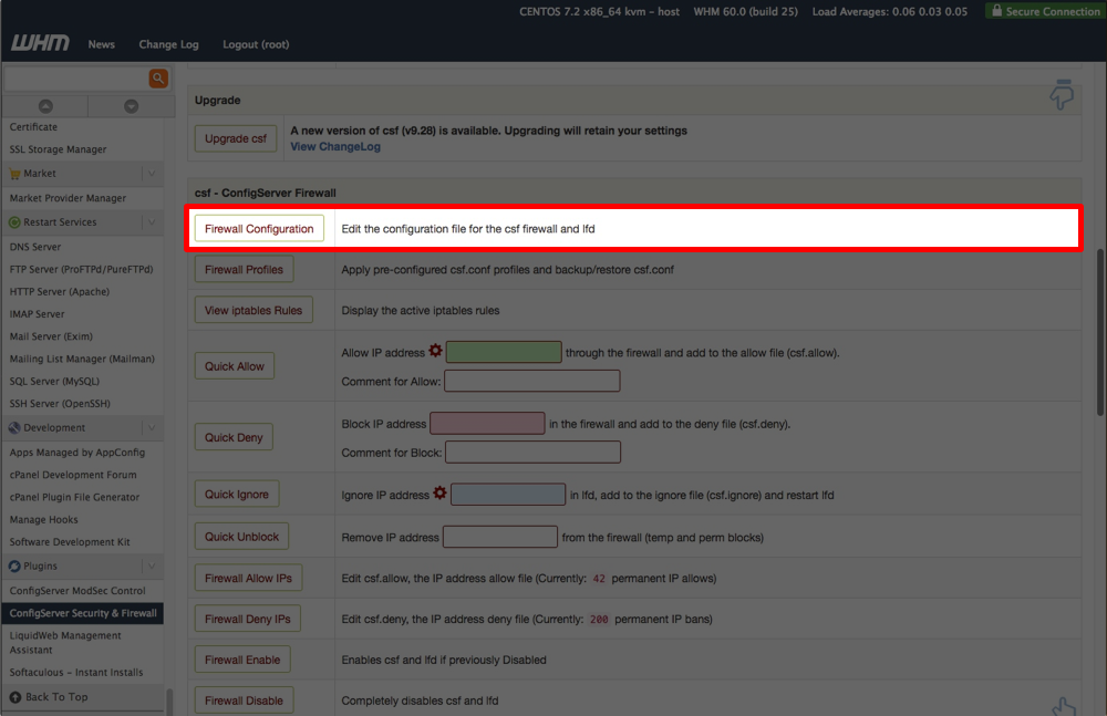 firewall configuraiton button highlighted