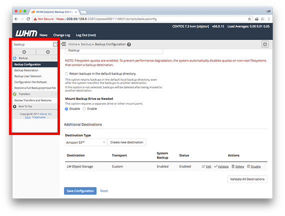 backup configuration highlighted in menu