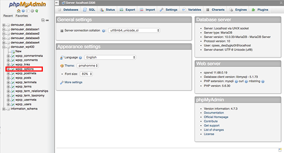wpcp_options table highlighted in list
