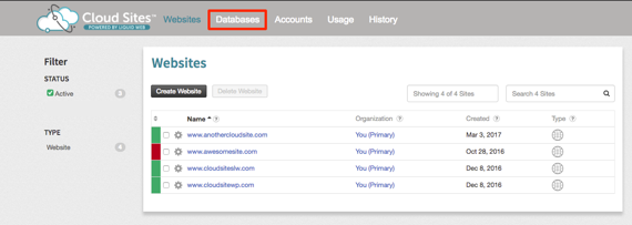 databases link highlighted in menu