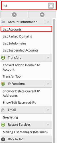 list search in search bar and list accounts highlighted