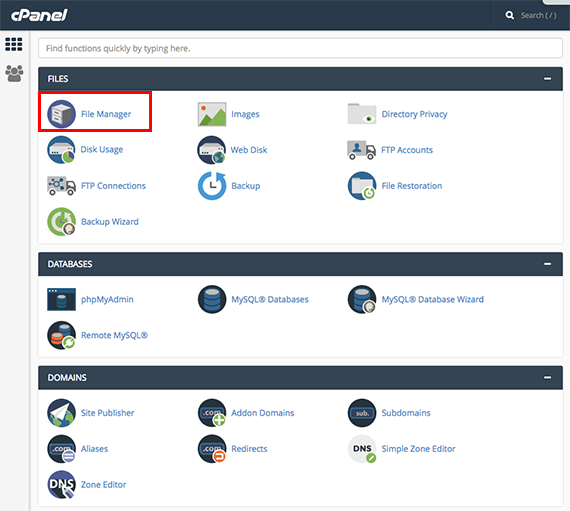 file manager link on cpanel home page